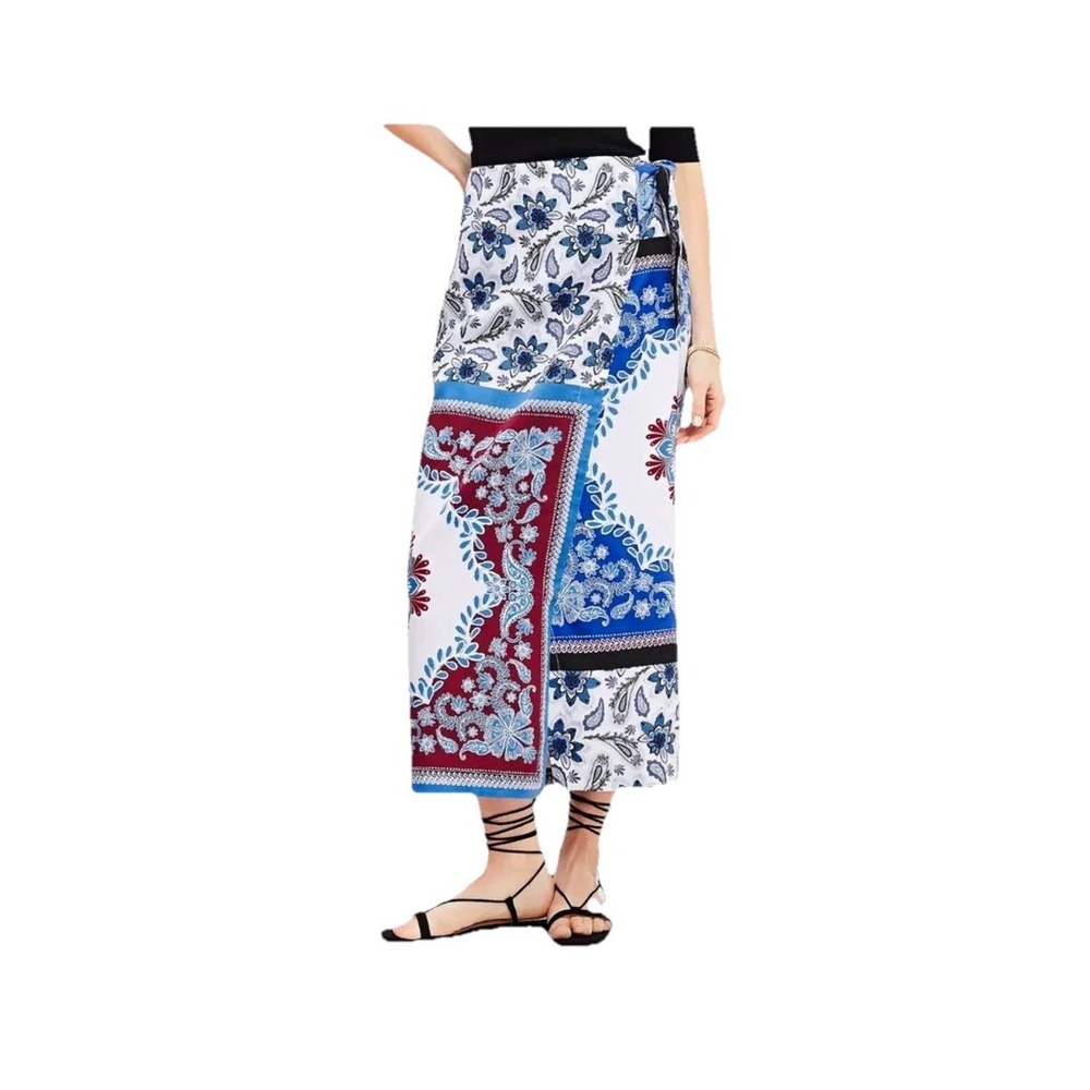 LOFT Blue White Red Floral Wrap Midi Skirt Tie Closure Womens Size 14 Boho